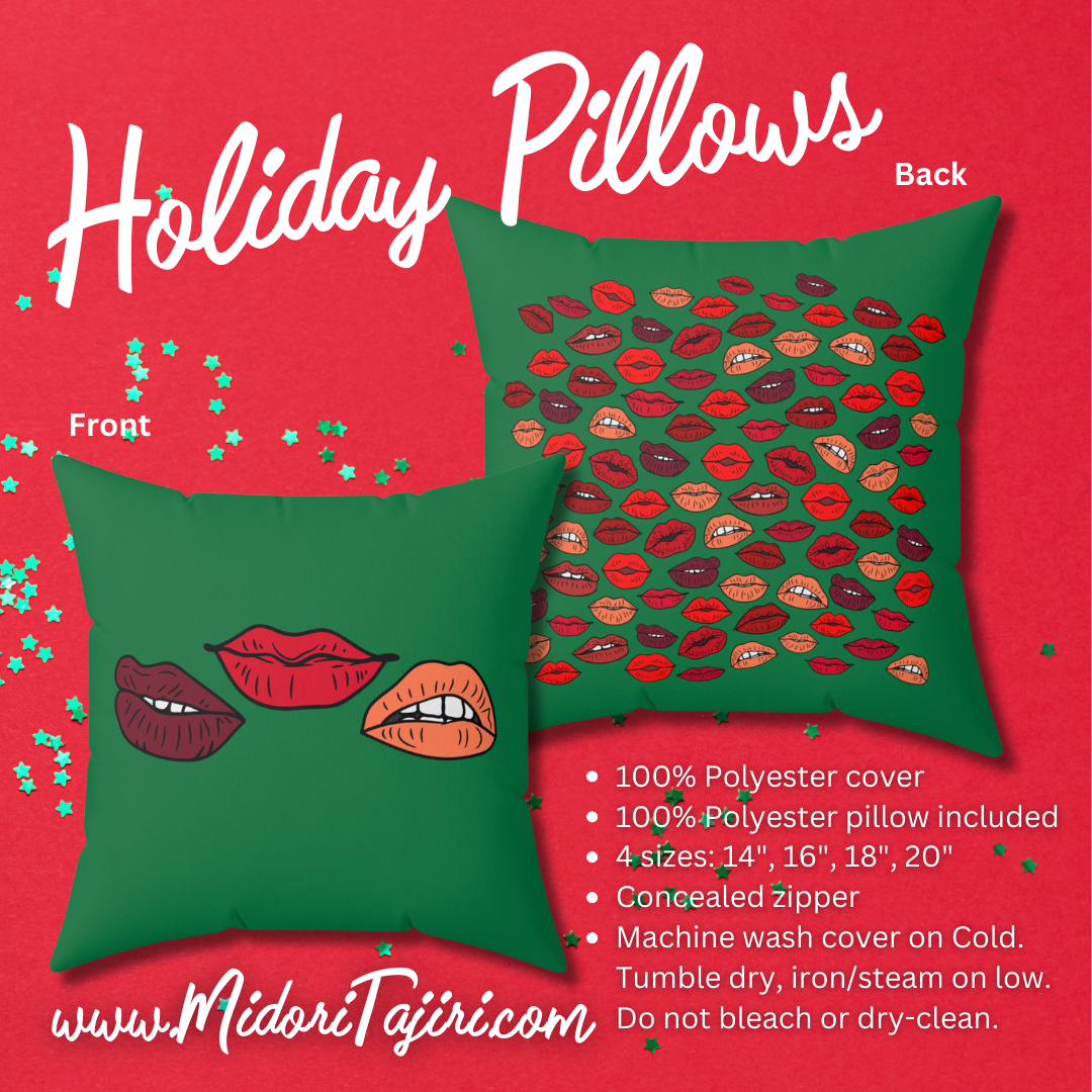Retro Green Christmas Kiss Pillow - Xmas Holiday Valentine Red Lips Decor, Boyfriend Girlfriend Gift, 90s Y2K Square Dorm Boudoir Throw Pillow
