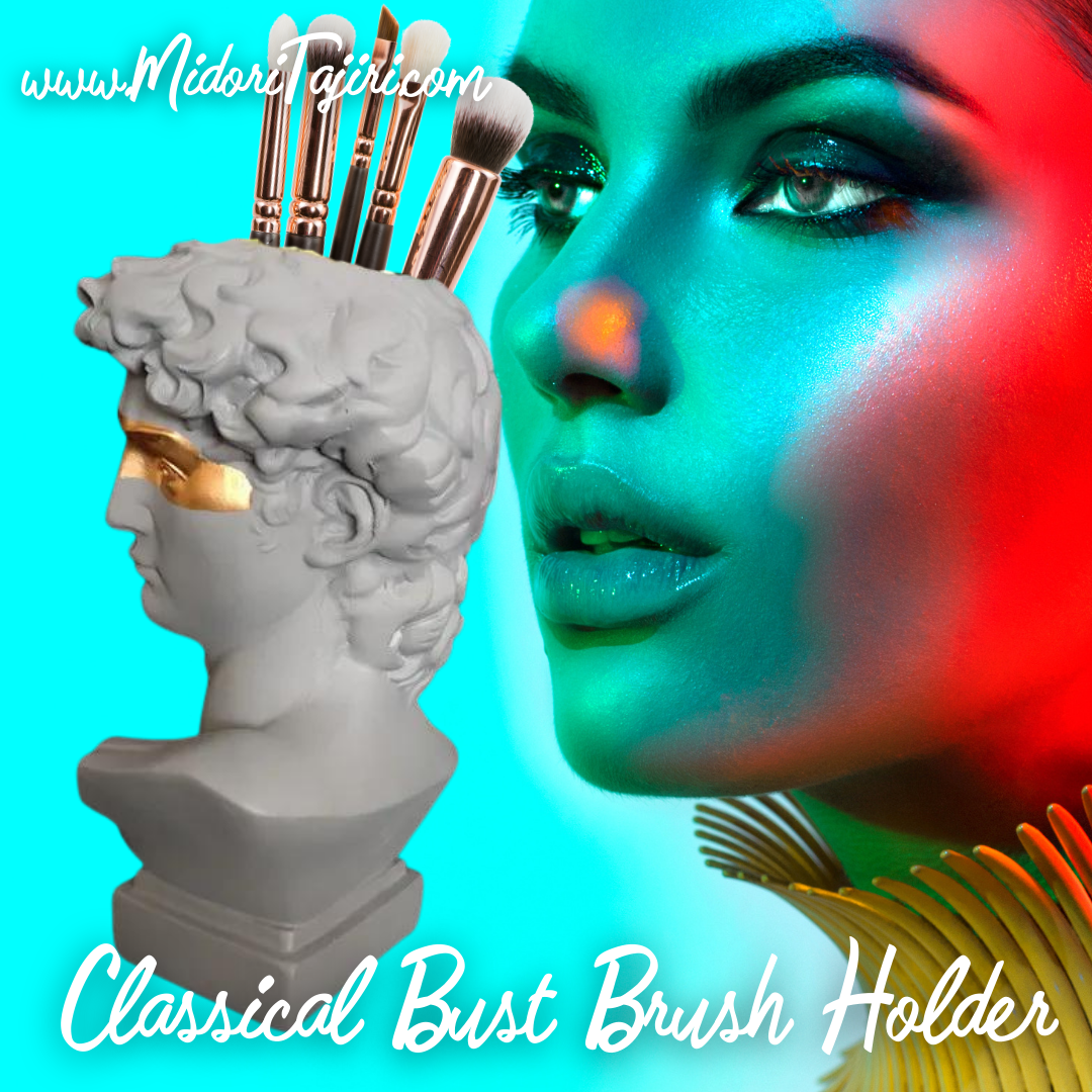 Classic Greek Head Makeup Brush Pen Holder, Bust Statue Planter Vase, Gold Desk Accessory Storage Cup