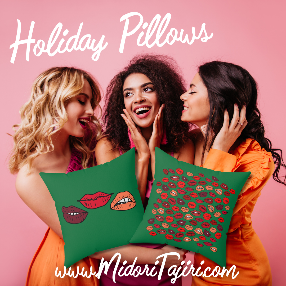 Retro Green Christmas Kiss Pillow - Xmas Holiday Valentine Red Lips Decor, Boyfriend Girlfriend Gift, 90s Y2K Square Dorm Boudoir Throw Pillow