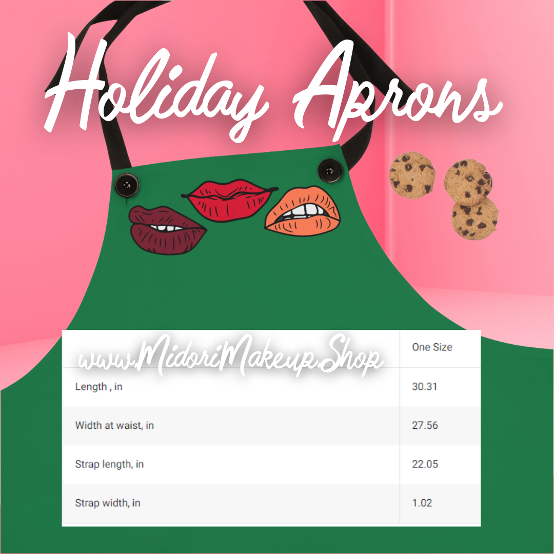 Christmas Kiss Green Mistletoe Apron, Xmas Holiday Retro Red Lips Freelance Cosmetologist Salon Uniform, Pro MUA Kit Travel Makeup Artist Kitchen Gift