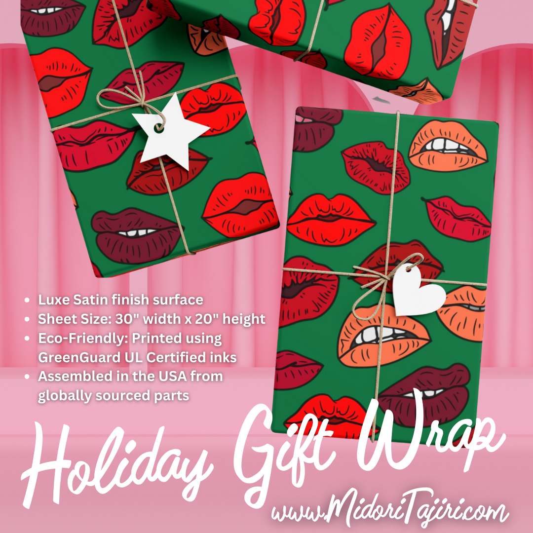 Green Christmas Kisses Gift Wrap, Retro Red Kiss Lips Mistletoe Craft Paper, Holiday Present Wrapping Decor, Xmas Scrapbook Crafting Papers