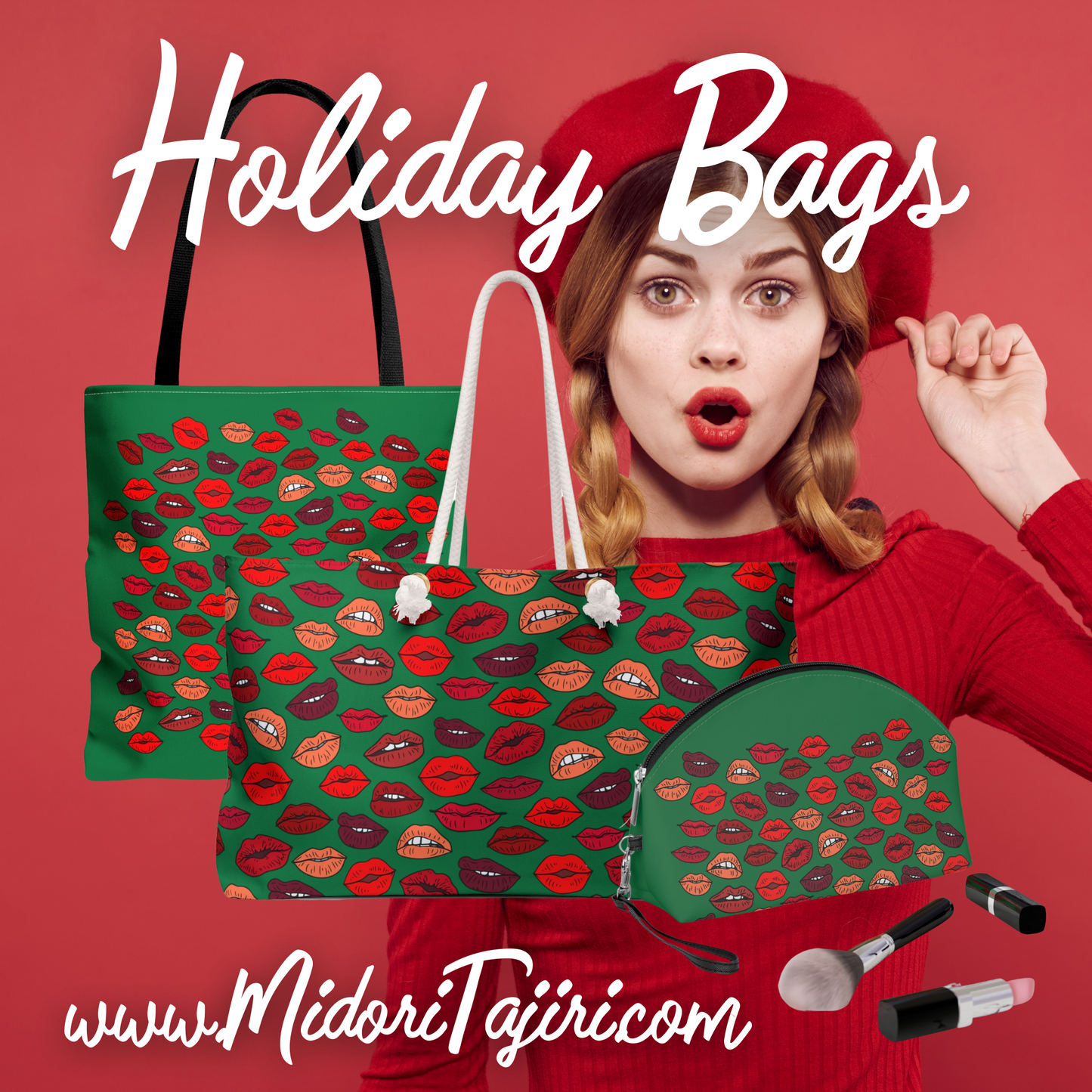 Retro Christmas Kisses Book Club Tote Bag, Holiday Xmas Kiss Red Lips Makeup Artist Gift, MUA Pro Artist Cosmetologist School Brush Bag