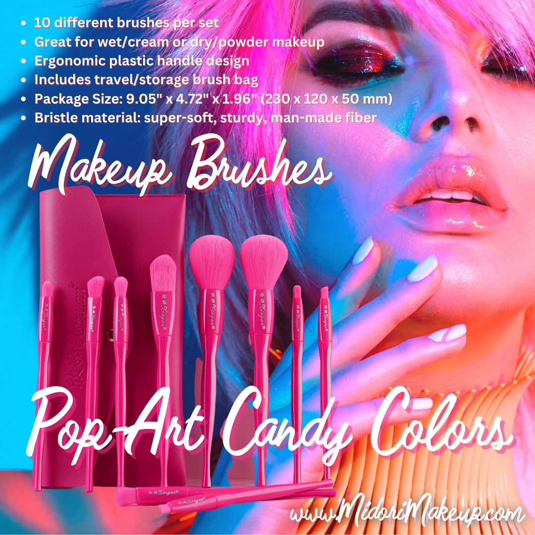 Pop-Art Makeup Artist 10 Brush Set, Bright Candy-Core Color Skin-Care Brushes, MUA Pro Beauty Tools with Travel Case
