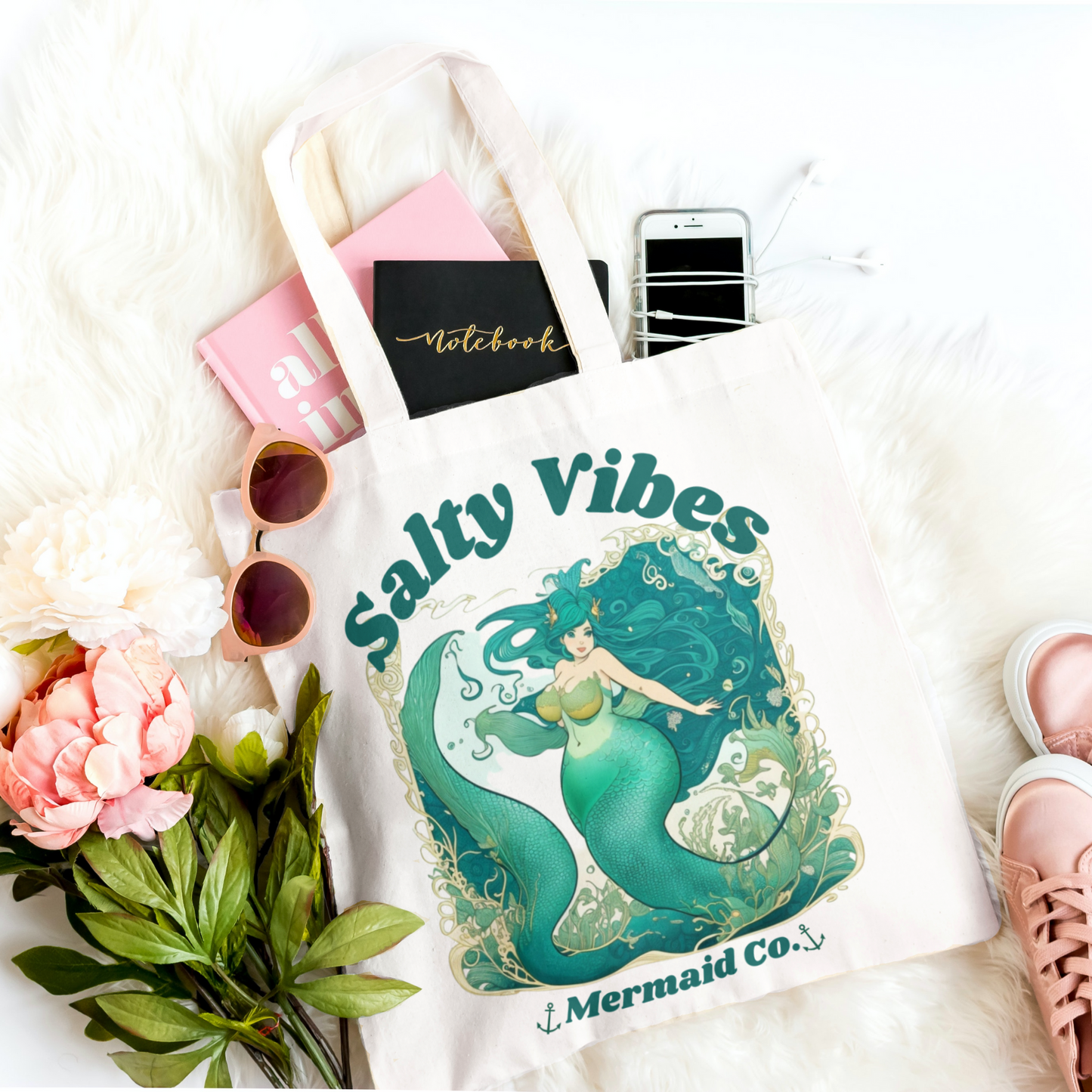 Mermaid Tote Bag Gift, Set of 3 Reusable Cotton Book Bag Beach Tote Purse, Stay Salty Vibes Mermaidcore Staycation Party Favor Swag Bags
