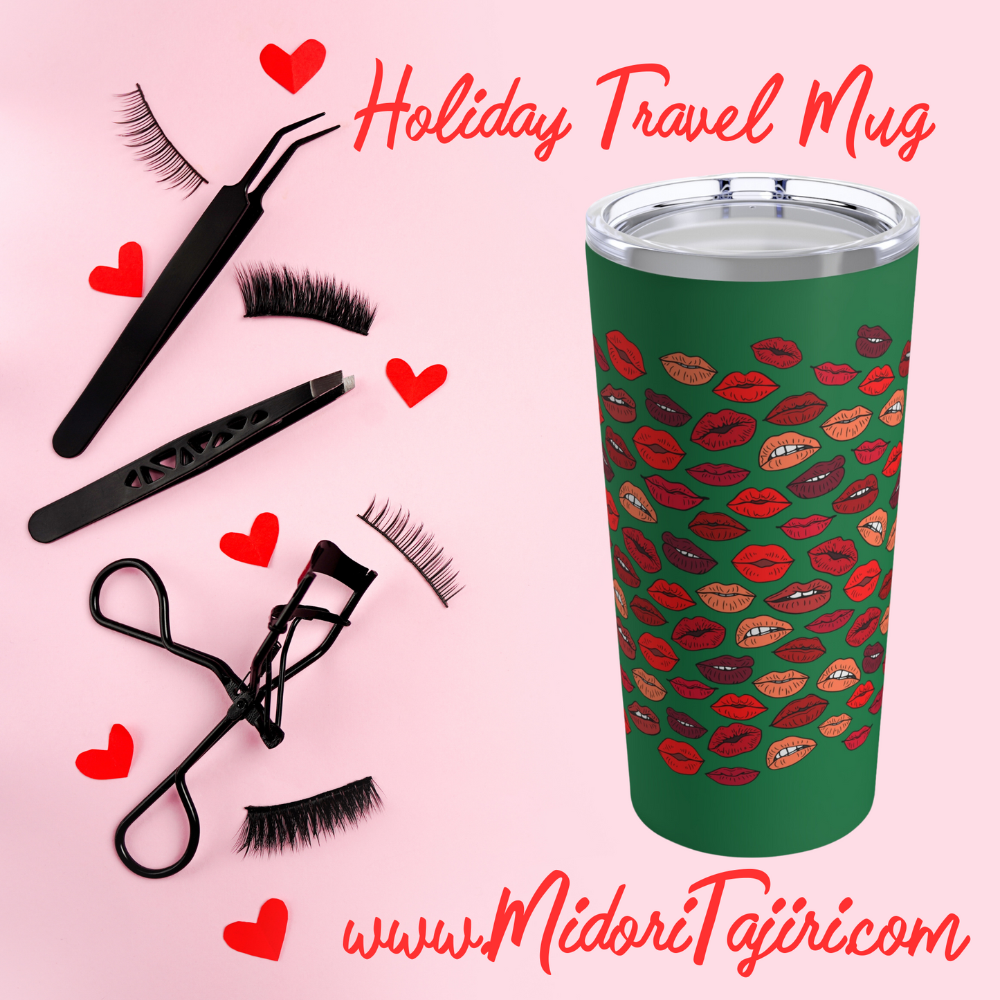 Retro Red & Green Christmas Kisses 20oz Tumbler, Holiday Xmas Valentine Kiss Lips Travel Mug, Makeup Artist Lipstick Brush Cup, Girlfriend Gift