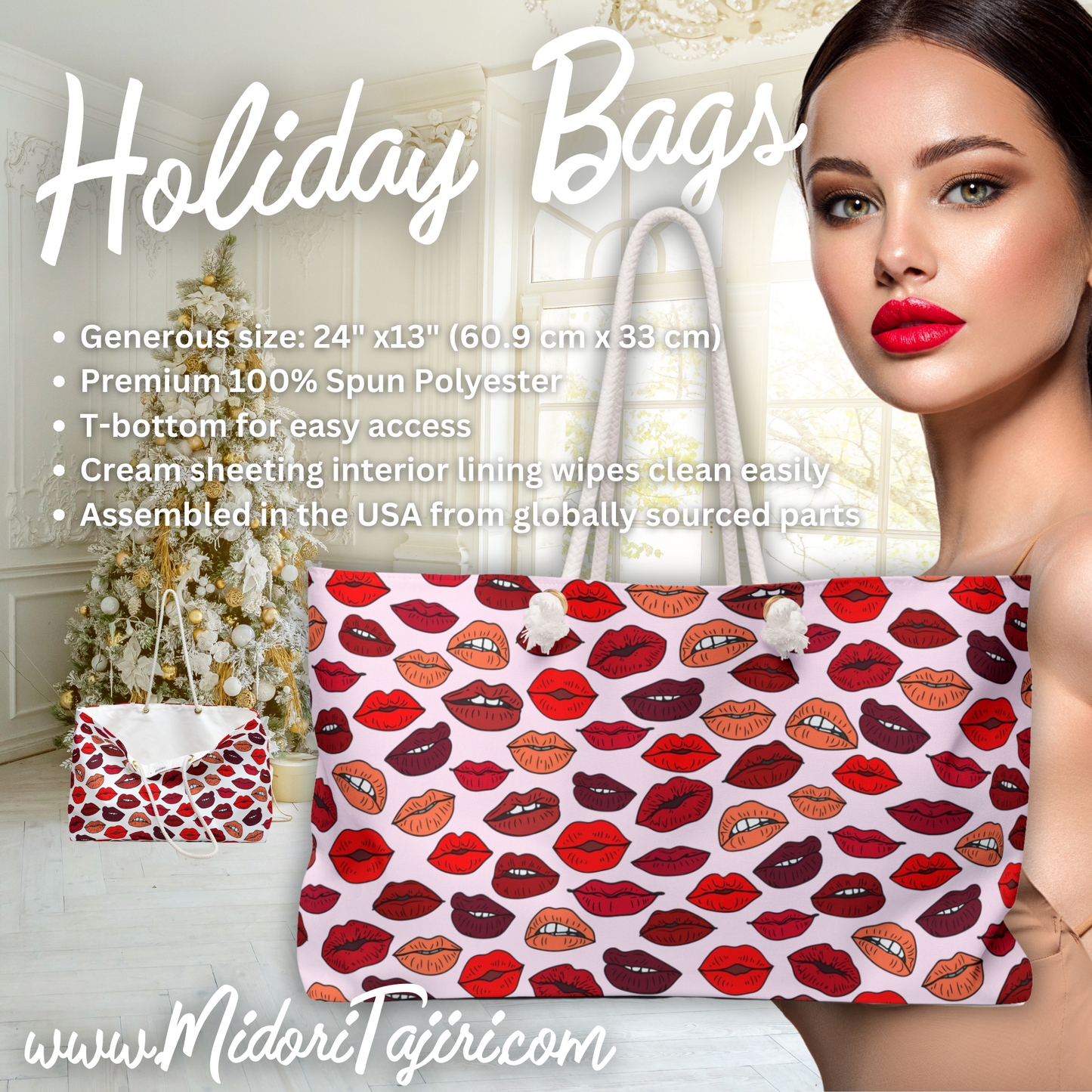 Retro Pink and Red Kisses Weekender Tote, Holiday Valentine Kiss Lips Book Brush Swag Bag, MUA Freelance Makeup Artist Cosmetics Gift Bag