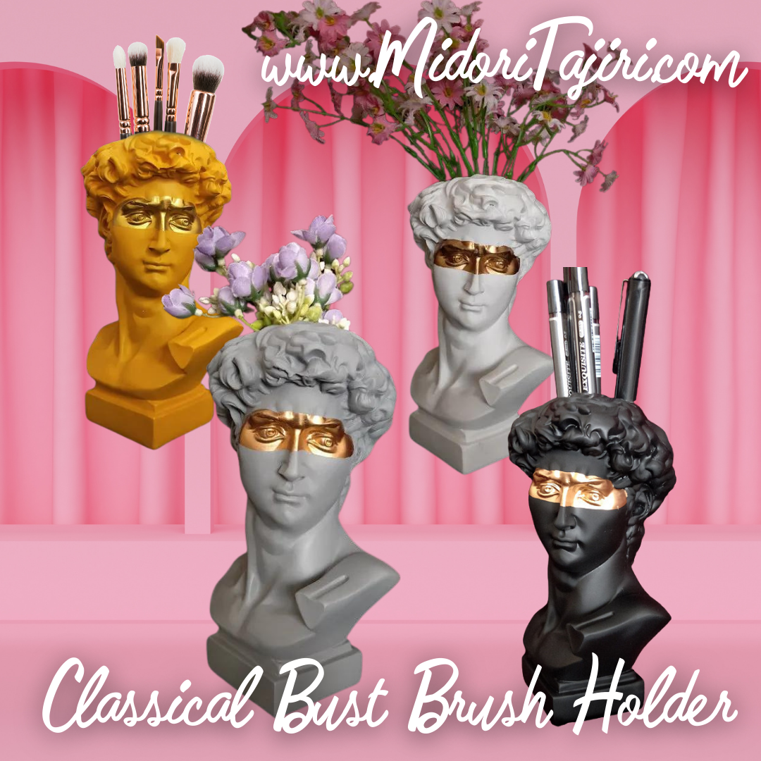 Classic Greek Head Makeup Brush Pen Holder, Bust Statue Planter Vase, Gold Desk Accessory Storage Cup