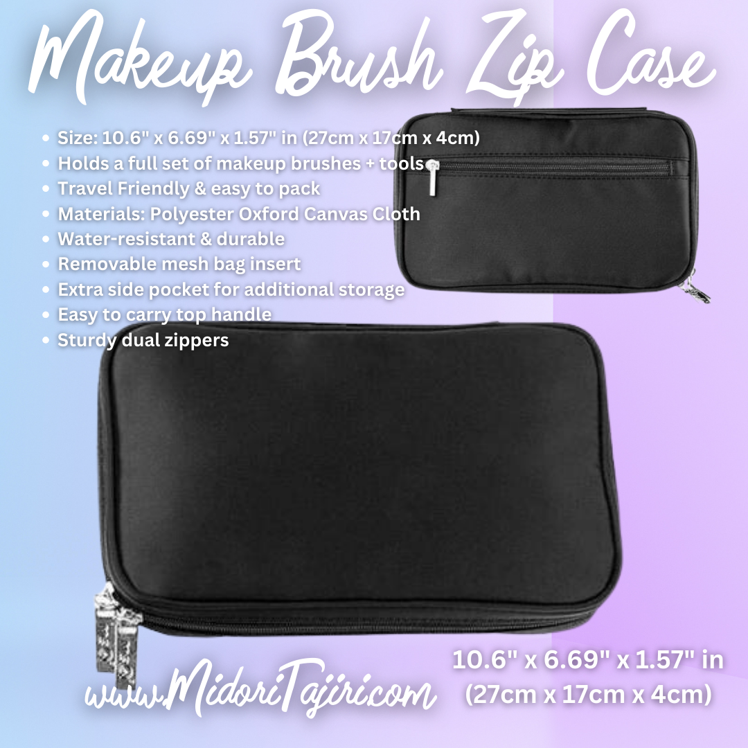 Makeup Artist Brush Holder Travel Bag, Black Flat Zip Case Organizer, Professional MUA Storage Pouch