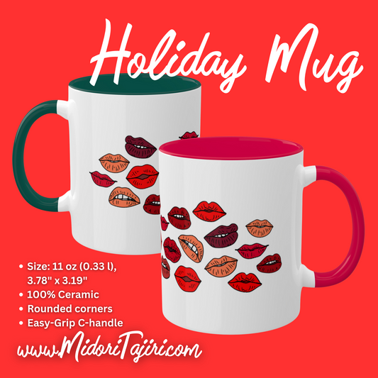 Holiday Kisses Valentine Love Mugs, Retro Red Xmas Green Christmas Cup Kiss Mug, Aunt Mom Sister Housewarming Girlfriend Office Kitchen Gift
