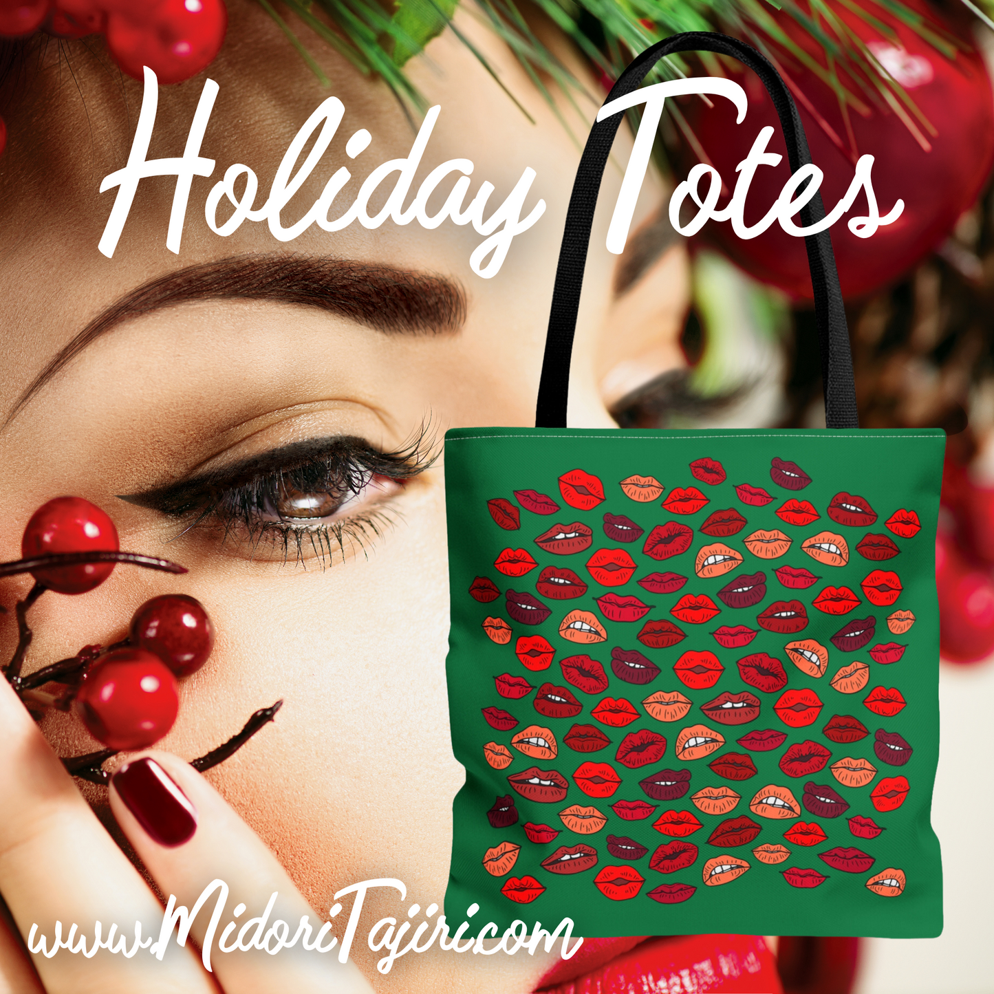 Retro Christmas Kisses Book Club Tote Bag, Holiday Xmas Kiss Red Lips Makeup Artist Gift, MUA Pro Artist Cosmetologist School Brush Bag