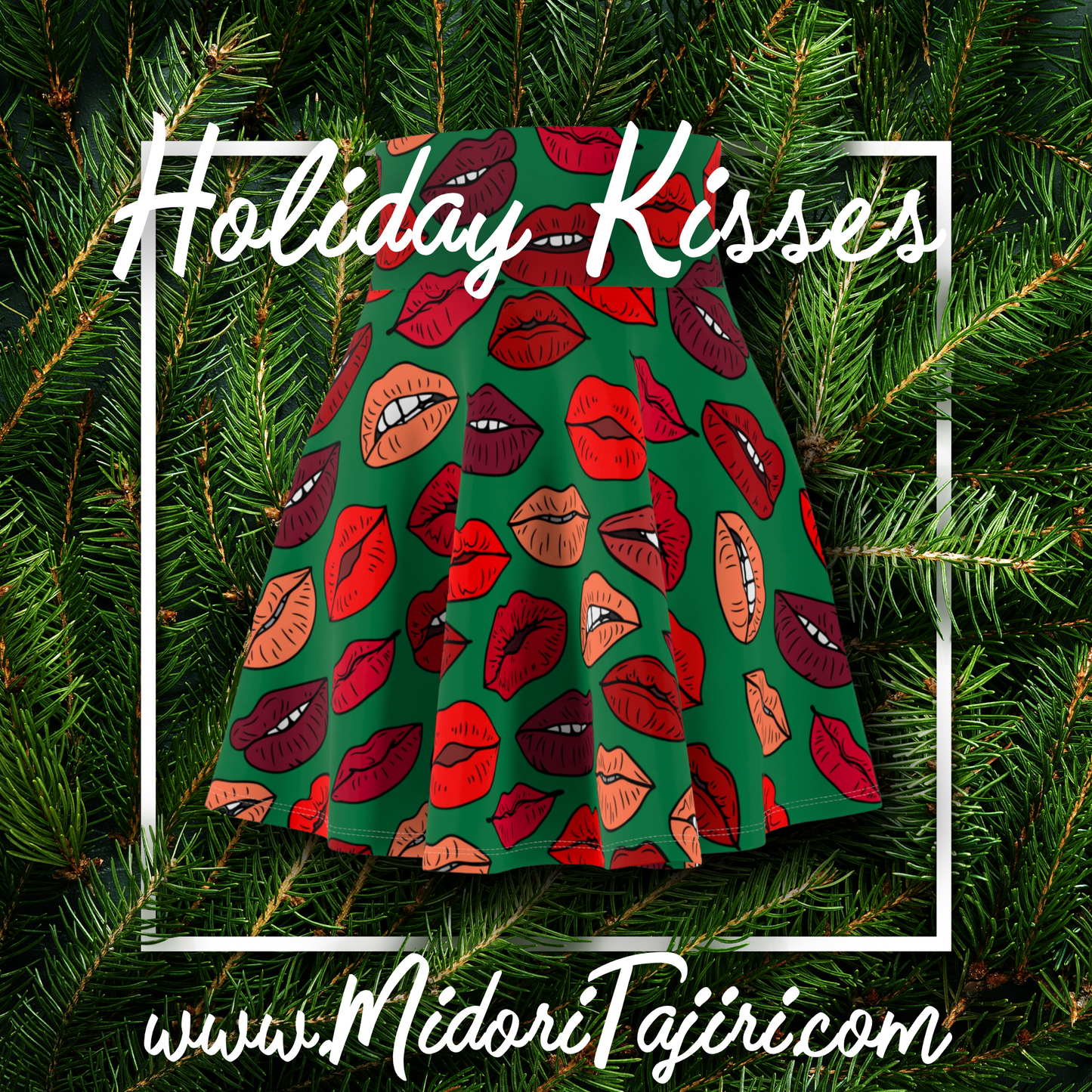 Retro Green Christmas Kisses Skater Skirt, Holiday Xmas Santa Baby Retro 90s Y2K Costume Cosplay, Valentine Red Lips Kiss Girlfriend Gift