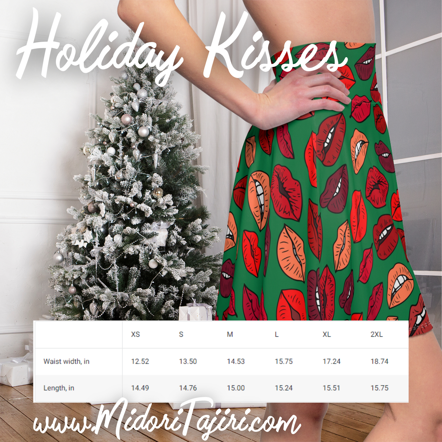 Retro Green Christmas Kisses Skater Skirt, Holiday Xmas Santa Baby Retro 90s Y2K Costume Cosplay, Valentine Red Lips Kiss Girlfriend Gift