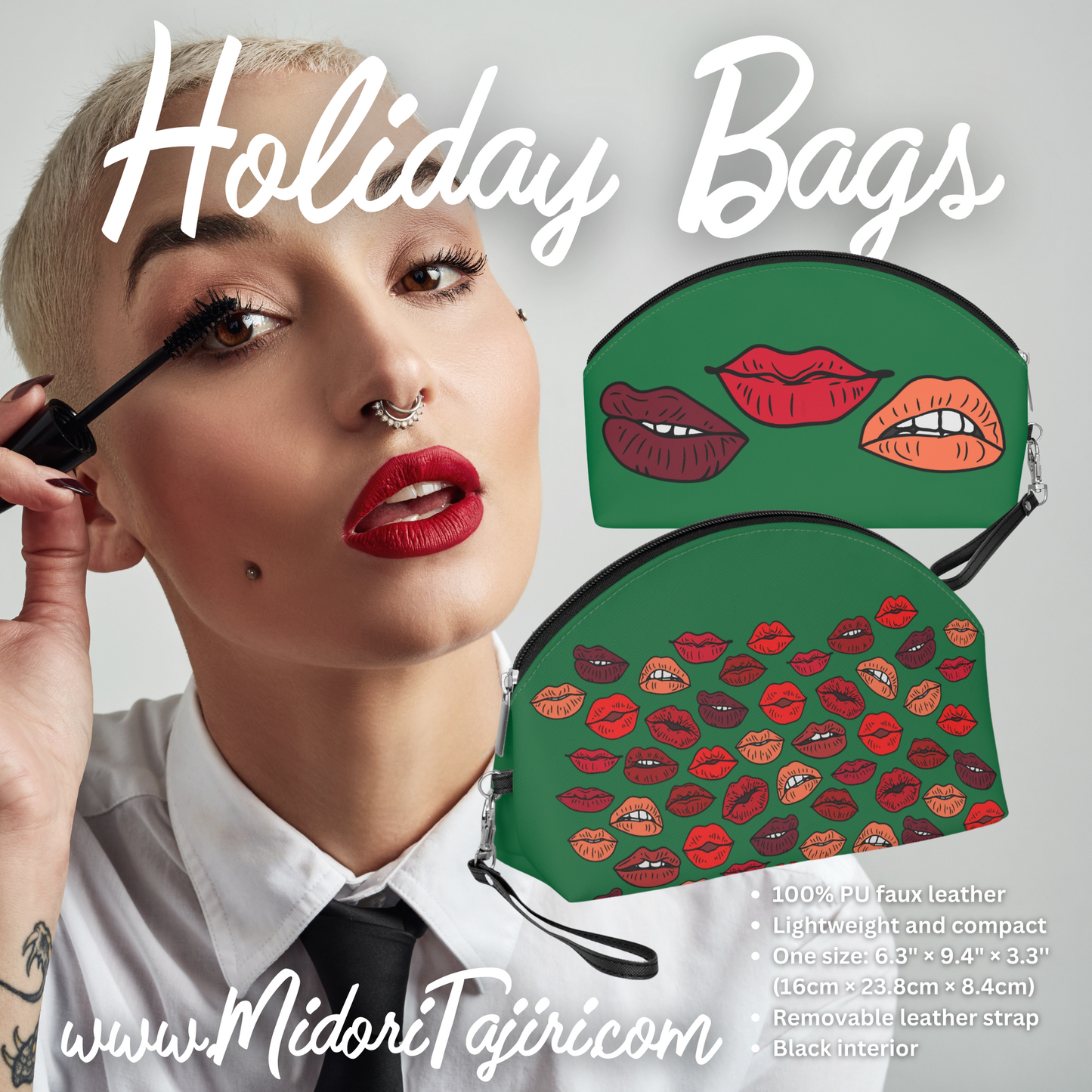 Green Christmas Kisses Makeup Bag, Retro Red Lips Cosmetics Case Kiss Gift, MUA Brush Pouch, Valentine Holiday Toiletries Travel Wristlet Purse