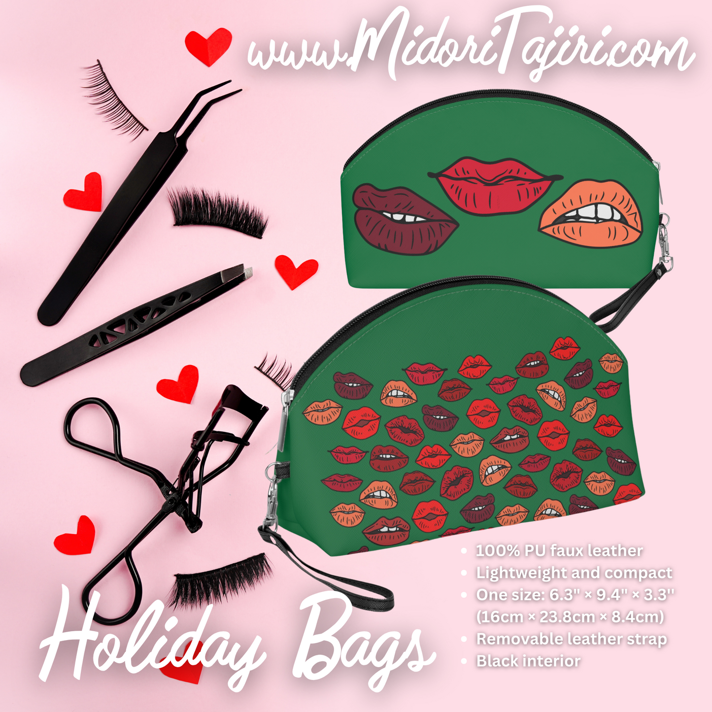 Green Christmas Kisses Makeup Bag, Retro Red Lips Cosmetics Case Kiss Gift, MUA Brush Pouch, Valentine Holiday Toiletries Travel Wristlet Purse
