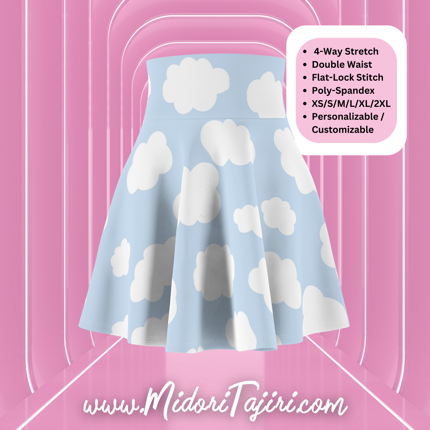 Blue Sky Clouds Kawaii Skater Skirt Mid Mod Mini Flared 90s 70s Retro Y2K Harajuku Group Costume Cosplay Cloudy Skies High Waisted BFF Gift