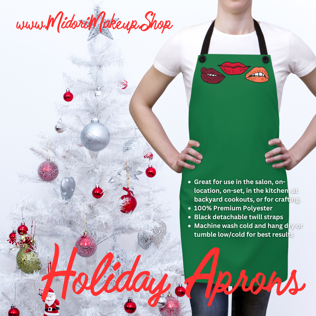 Christmas Kiss Green Mistletoe Apron, Xmas Holiday Retro Red Lips Freelance Cosmetologist Salon Uniform, Pro MUA Kit Travel Makeup Artist Kitchen Gift