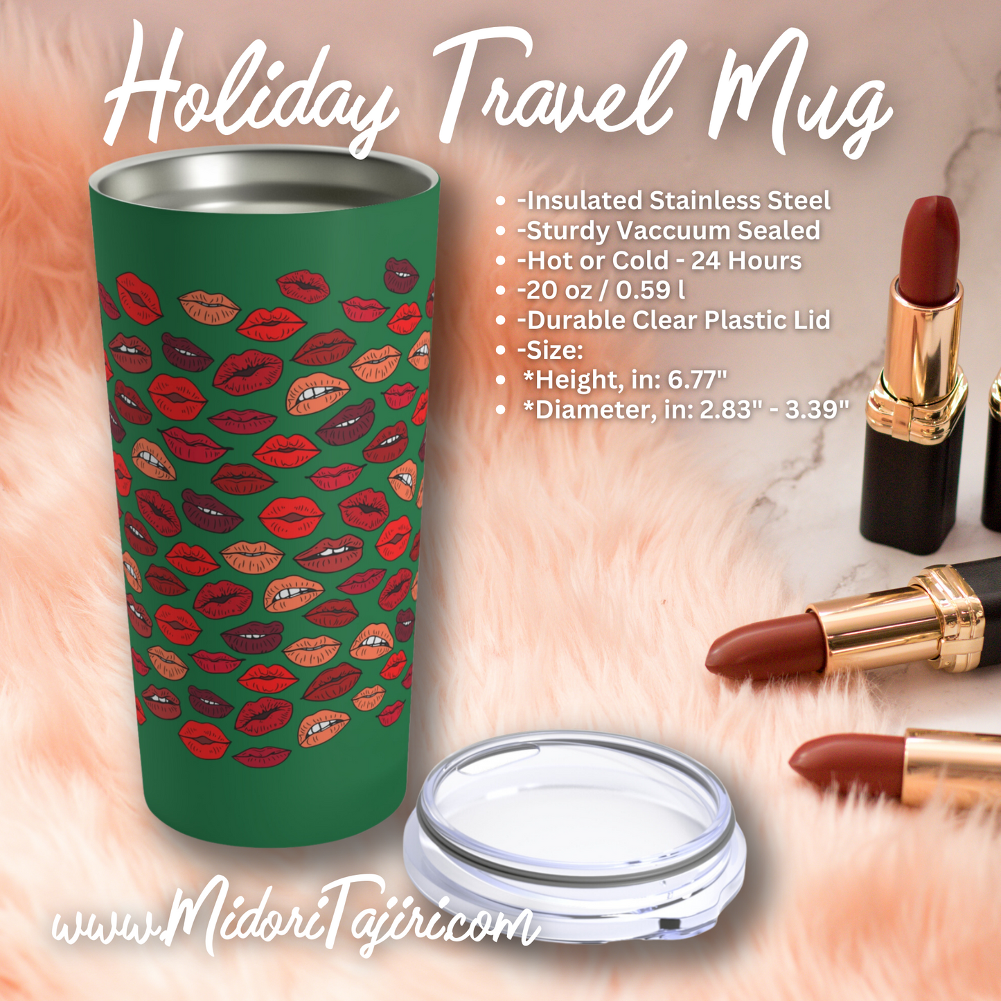 Retro Red & Green Christmas Kisses 20oz Tumbler, Holiday Xmas Valentine Kiss Lips Travel Mug, Makeup Artist Lipstick Brush Cup, Girlfriend Gift