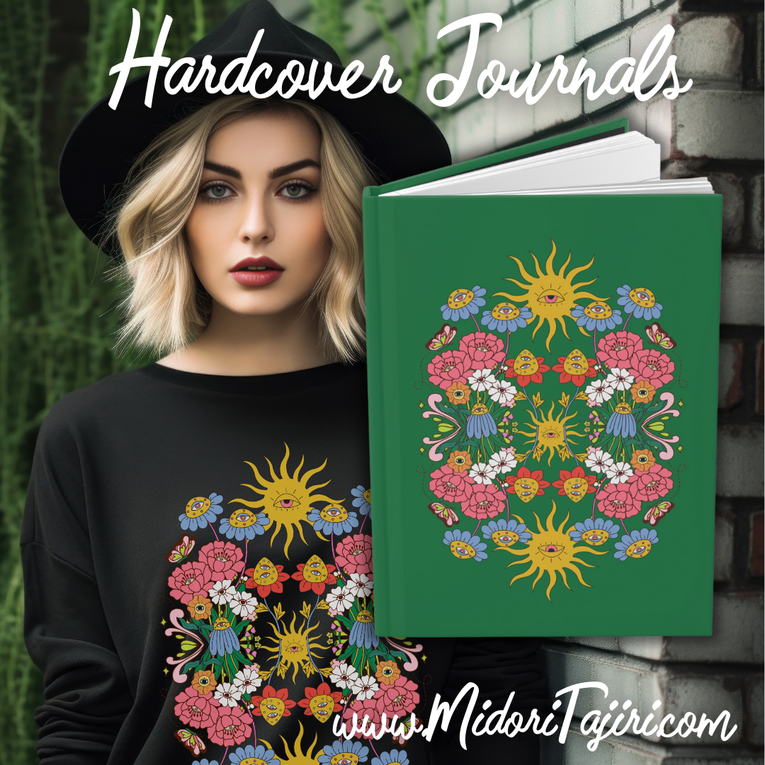 Wonderland Garden Flower Eyes Hardcover Blank Lined Journal, Holiday Hippie Green Gardener Gift Notebook - Retro 70s Floral Maximalist Diary