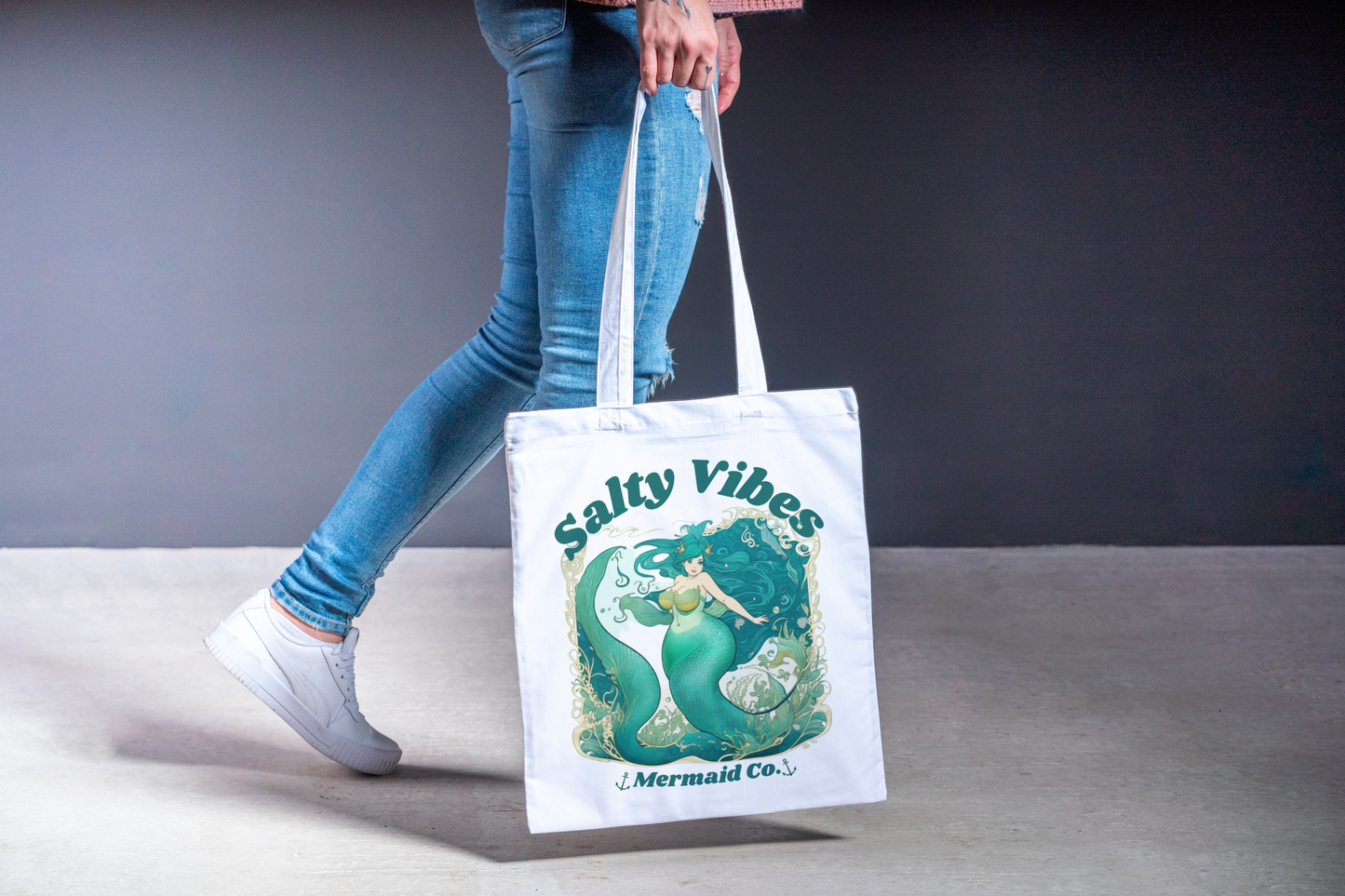 Mermaid Tote Bag Gift, Set of 3 Reusable Cotton Book Bag Beach Tote Purse, Stay Salty Vibes Mermaidcore Staycation Party Favor Swag Bags