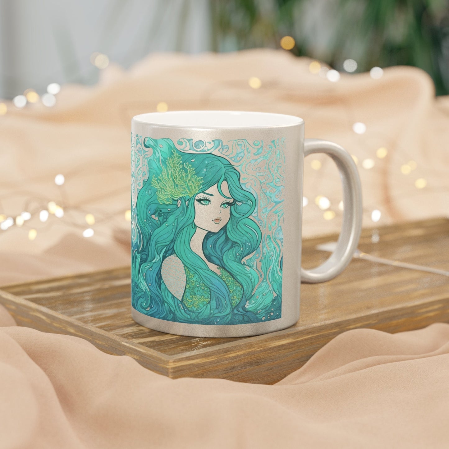 Metallic Mermaid Mug Gift Gold Mermaid Silver Mug Blue Mermaid Background Mug Sirens Mermaids Gift Art Nouveau Mermaid Aesthetic Gift Mug #1