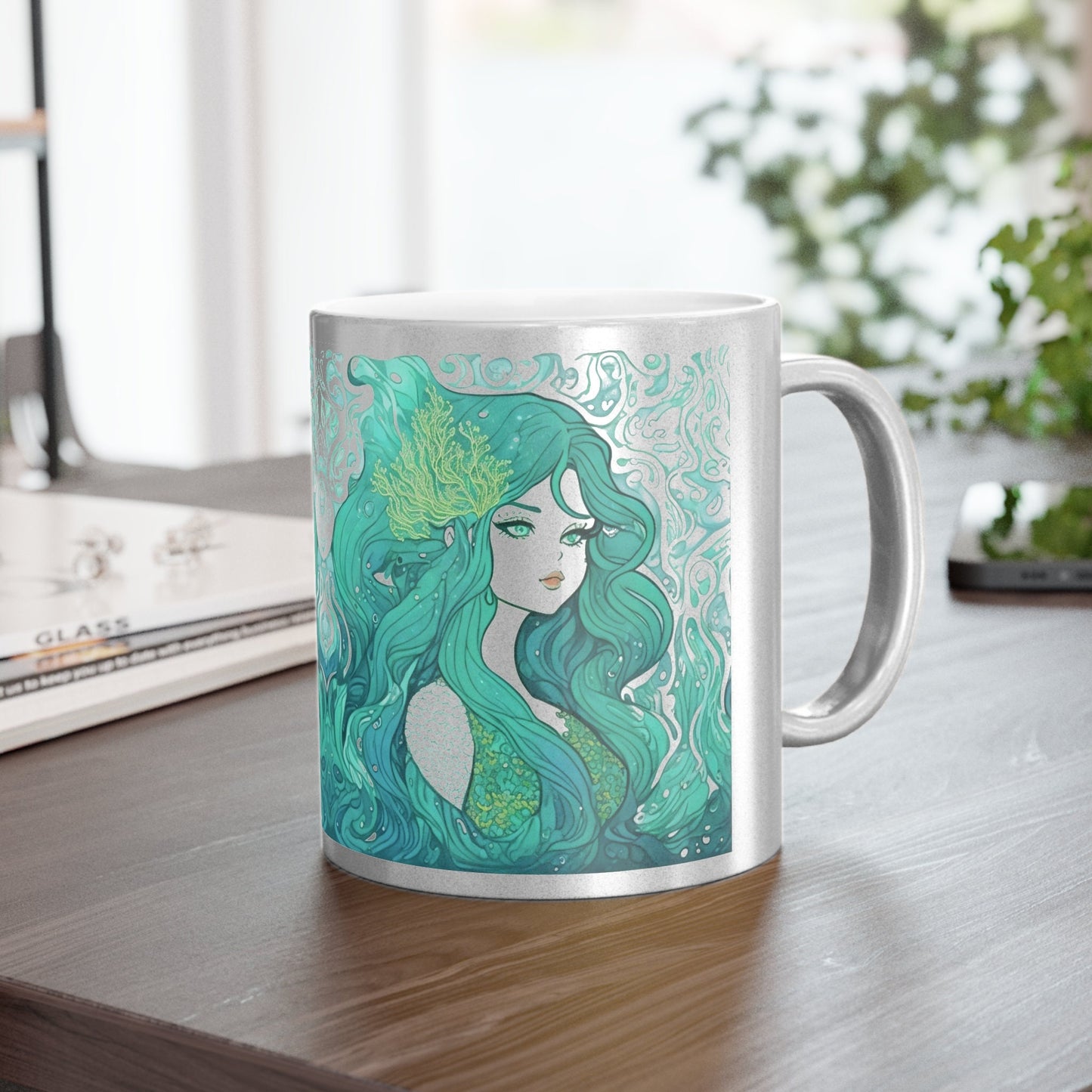 Metallic Mermaid Mug Gift Gold Mermaid Silver Mug Blue Mermaid Background Mug Sirens Mermaids Gift Art Nouveau Mermaid Aesthetic Gift Mug #1