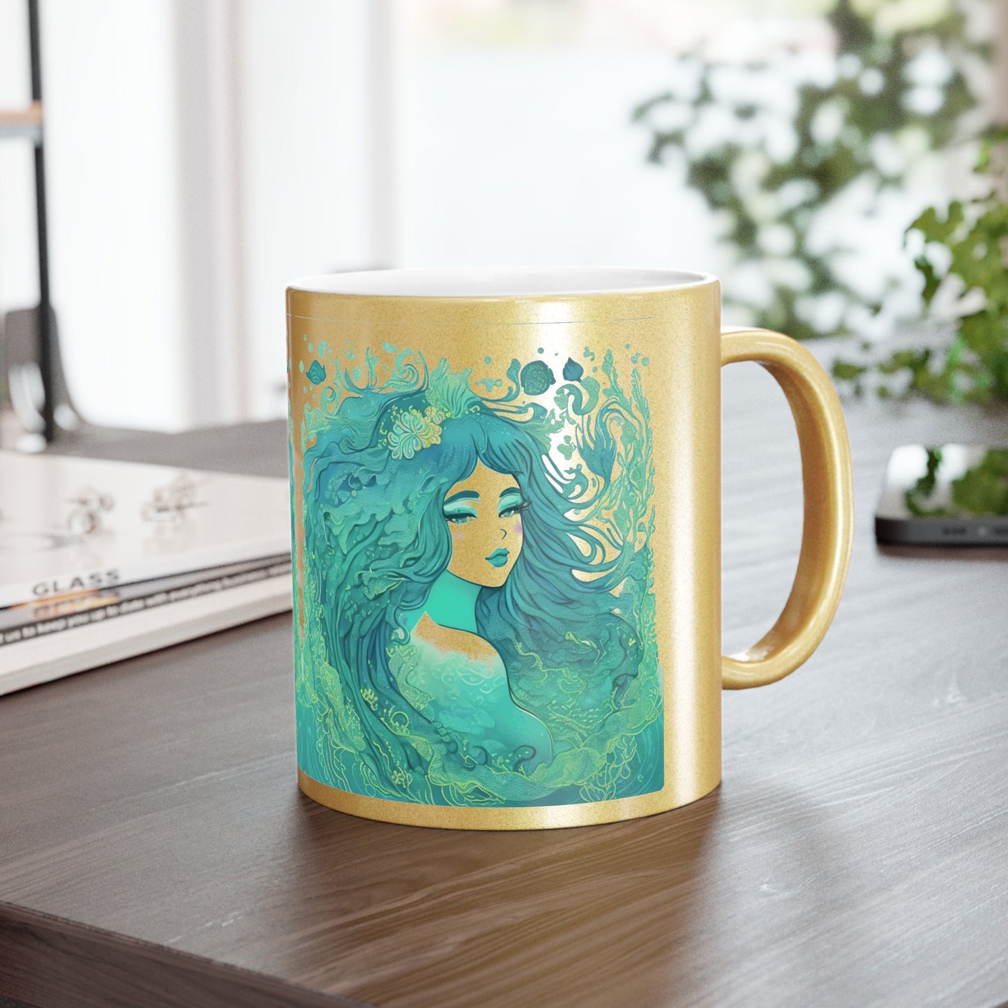 Metallic Mermaid Mug Gift Gold Mermaid Silver Mug Blue Mermaid Background Mug Sirens Mermaids Gift Art Nouveau Mermaid Aesthetic Gift Mug #4
