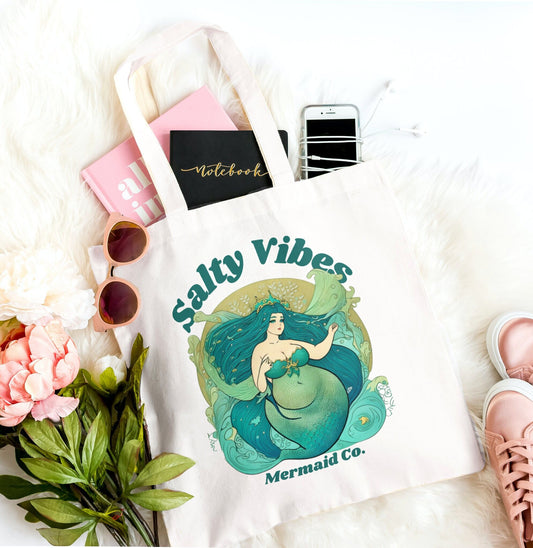 Mermaid Tote Summer Gift Beach Bag Reusable Canvas Tote Bag Mermaid Gift for Her Bridal Gift Bachelorette Travel Tote Salty Vibes Mermaid