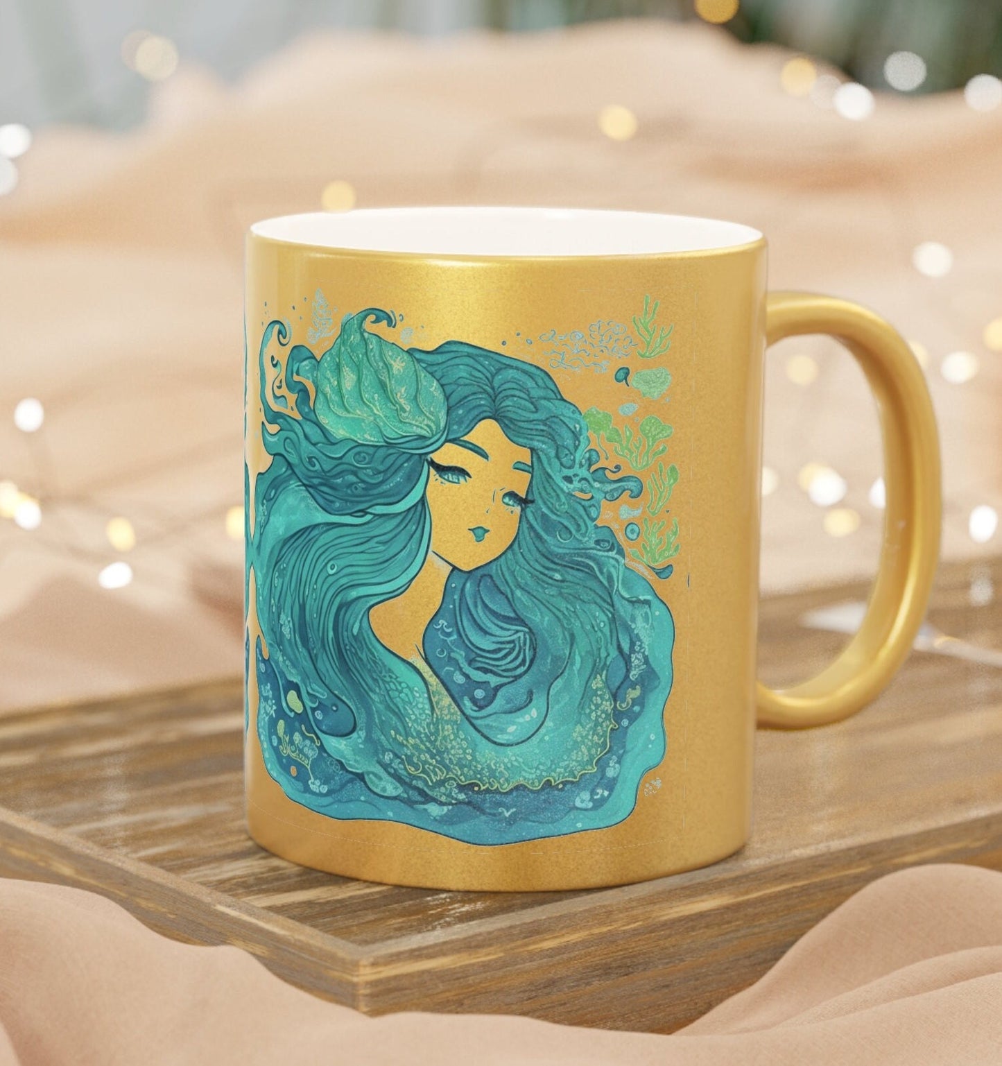 Metallic Mermaid Mug Gift Gold Mermaid Silver Mug Blue Mermaid Background Mug Sirens Mermaids Gift Art Nouveau Mermaid Aesthetic Gift Mug #3