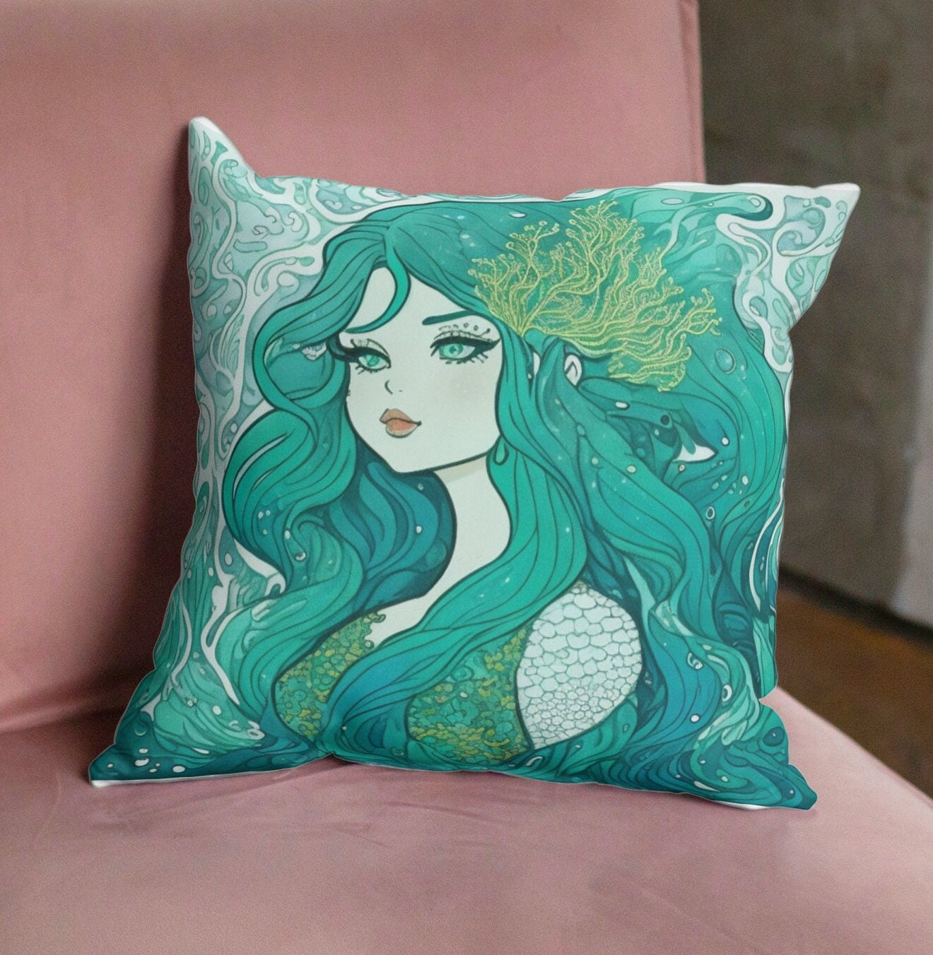 Mermaid Pillow Faux Suede Blue Mermaid Aesthetic Gift Sirens Mermaid background Art Nouveau Mermaid I'm really Mermaid Kawaii Mermaid Gift
