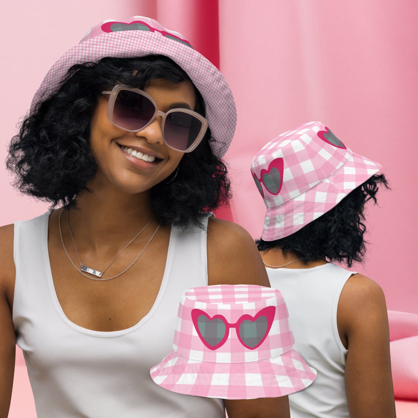 Pink Gingham 90s Aesthetic Y2K Bucket Hat Reversible Pink Checkerboard 50s 60s Retro Doll Costume Gift Cruise Wear Cmon Lets Go Party Hat