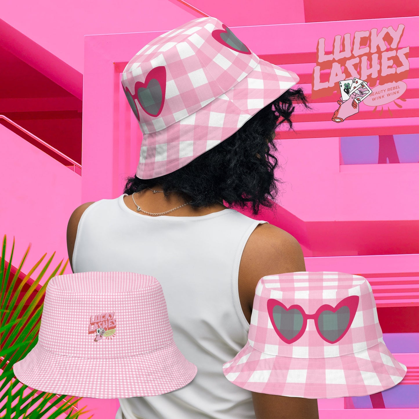 Pink Gingham 90s Aesthetic Y2K Bucket Hat Reversible Pink Checkerboard 50s 60s Retro Doll Costume Gift Cruise Wear Cmon Lets Go Party Hat