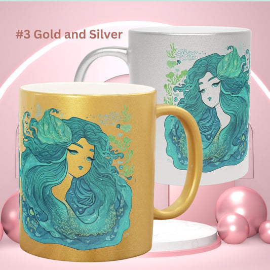 Metallic Mermaid Mug Gift Gold Mermaid Silver Mug Blue Mermaid Background Mug Sirens Mermaids Gift Art Nouveau Mermaid Aesthetic Gift Mug #3