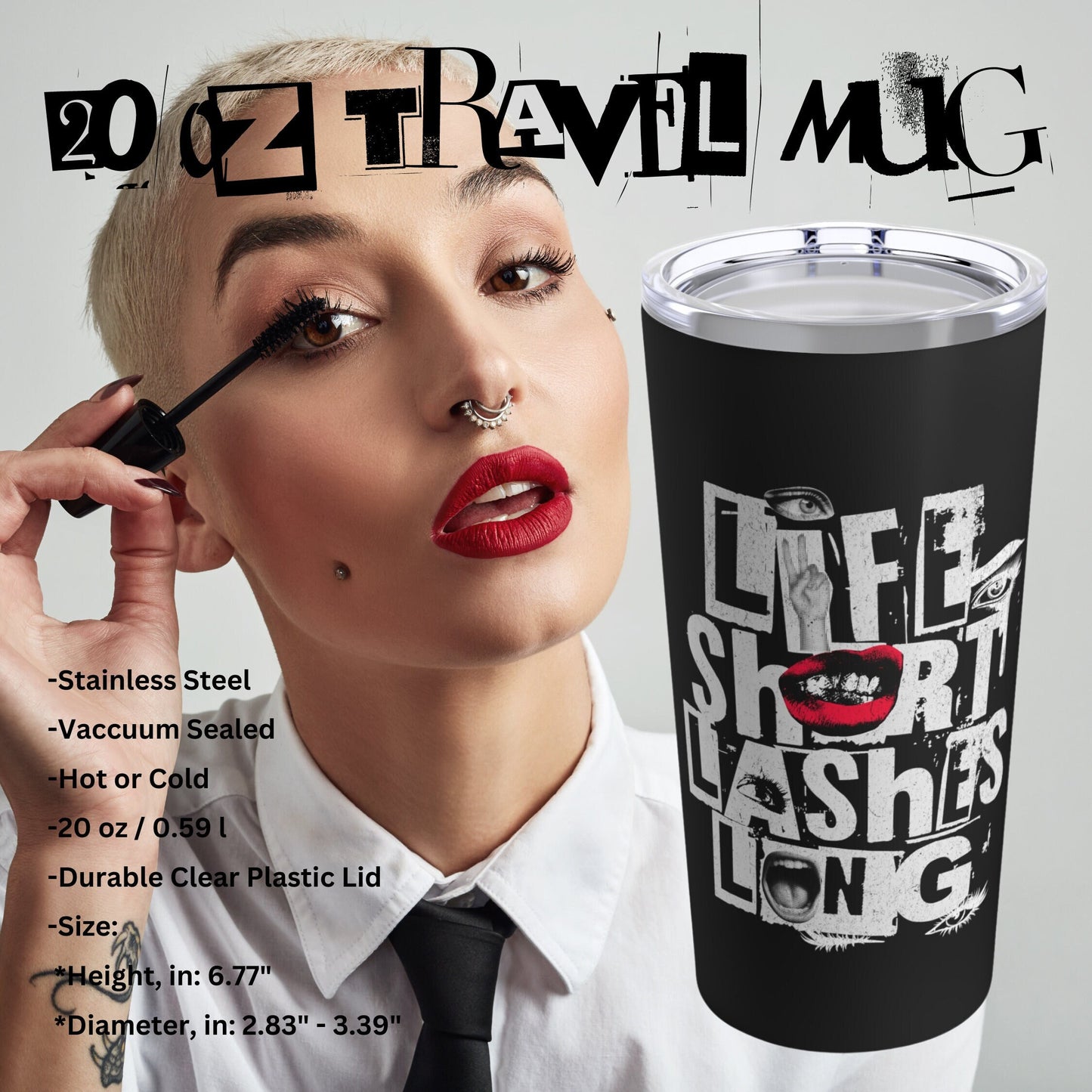 Punk Travel Tumbler 20oz Cup Makeup Artist 90s Style Cosmetics Lashes Gift Cosmetologist Esthetician Beautician Beauty School Lash Art Mug