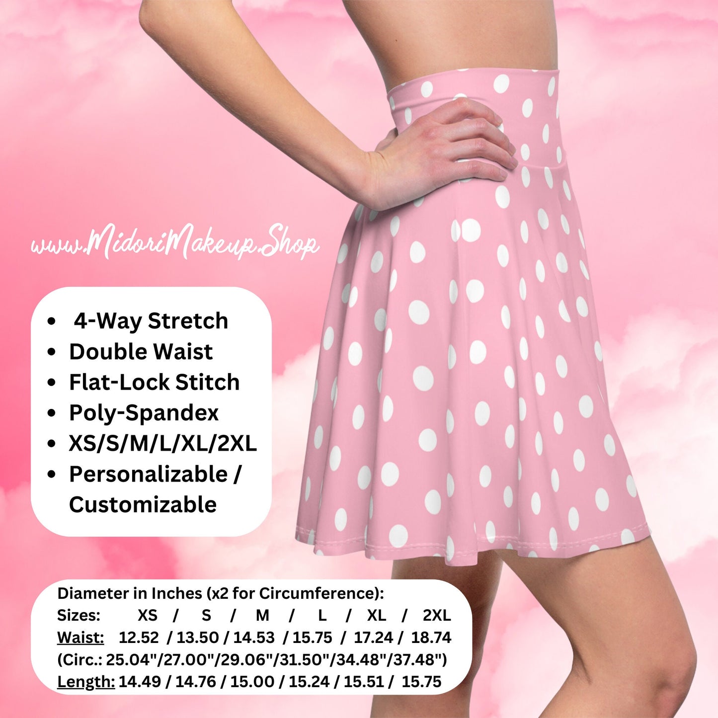 Pink Polka-Dot Skater Skirt, Matte Rose Gold Flared Mini 90s 50s 60s Y2K Gift, Lets Go Party Waitress Minnie Doll Costume, High Waisted PinUp Skirt