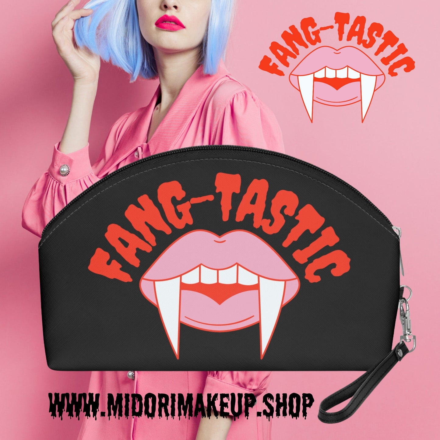 Spooky Cute Fang Bag Vampire Makeup Purse Cosmetics Pouch Toiletries Halloween Wristlet Fang-tastic Cosmetologist Esthetician Costume Clutch