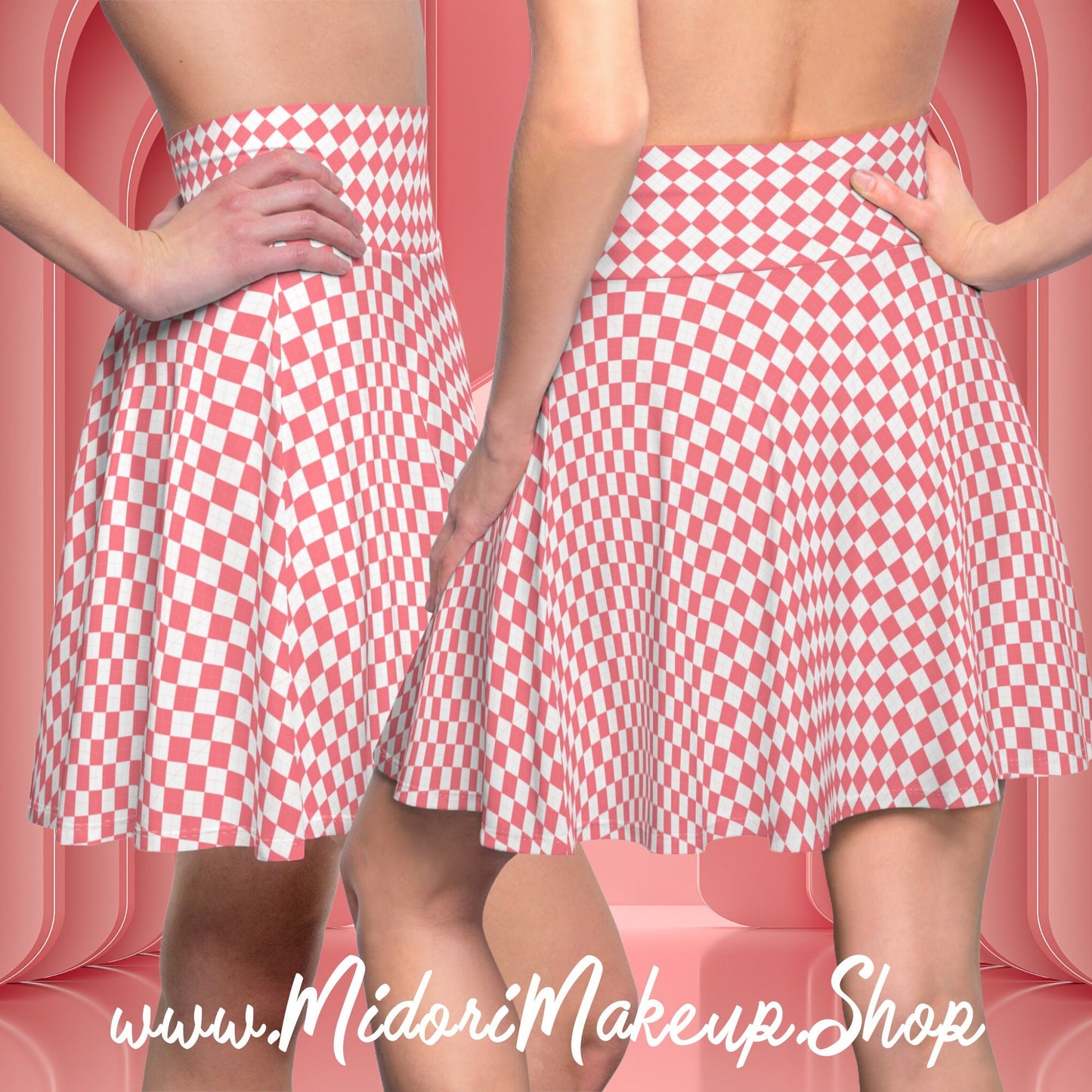 Pink Checker Skater Skirt White Argyle Checkerboard Hot Pink Flared Mid-Mod Mini Checkered 90s 50s 70s Retro Y2K Costume Cosplay School Gift