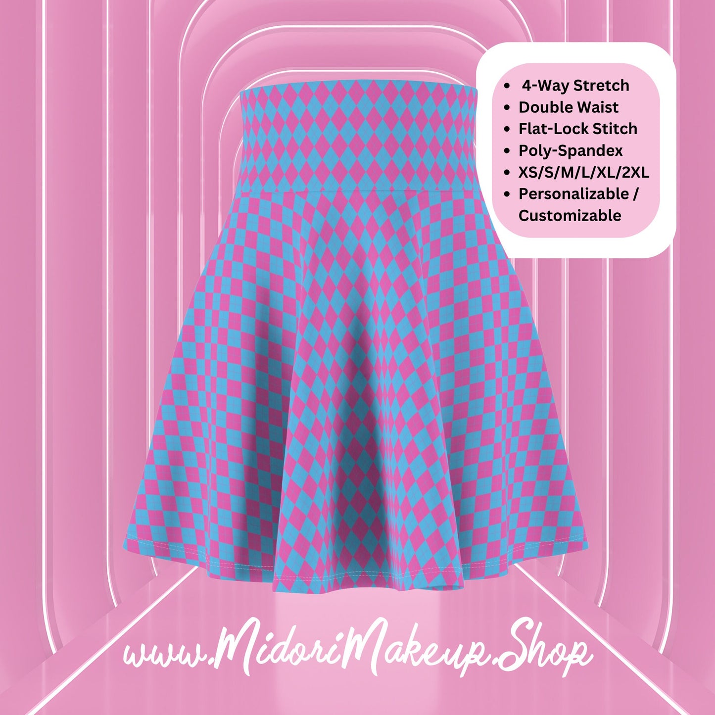 Plaid Pink Blue Diamond Pattern Argyle Skater Skirt Flared Checker 90s 60s Retro Y2K Harlequin Costume Cosplay School Uniform Clueless Gift