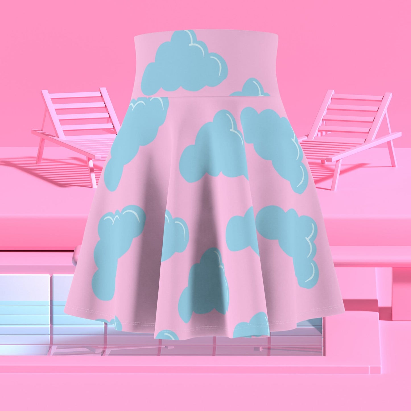 Kawaii Pink Clouds Blue Drip Skater Skirt Mid Mod Mini Flared 90s Retro Futuristic Y2K Pastel Harajuku Sky High Waist Costume Cosplay Skirt