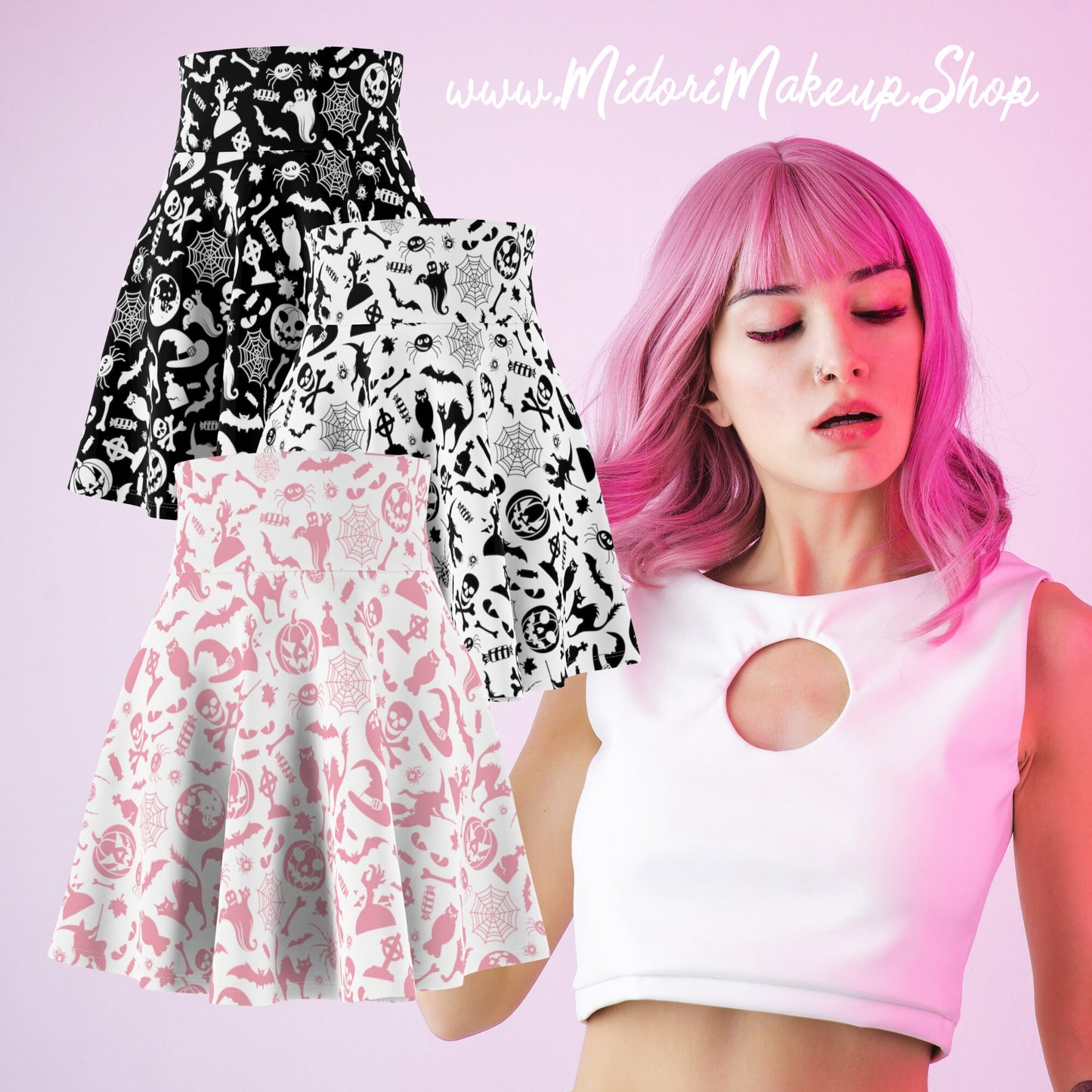 Spooky Cute Pink White Kawaii Halloween Pattern Skater Skirt Halloween Flared Mini Retro 90s Retro Y2K Costume Good Witch Witchy Vibes Skirt