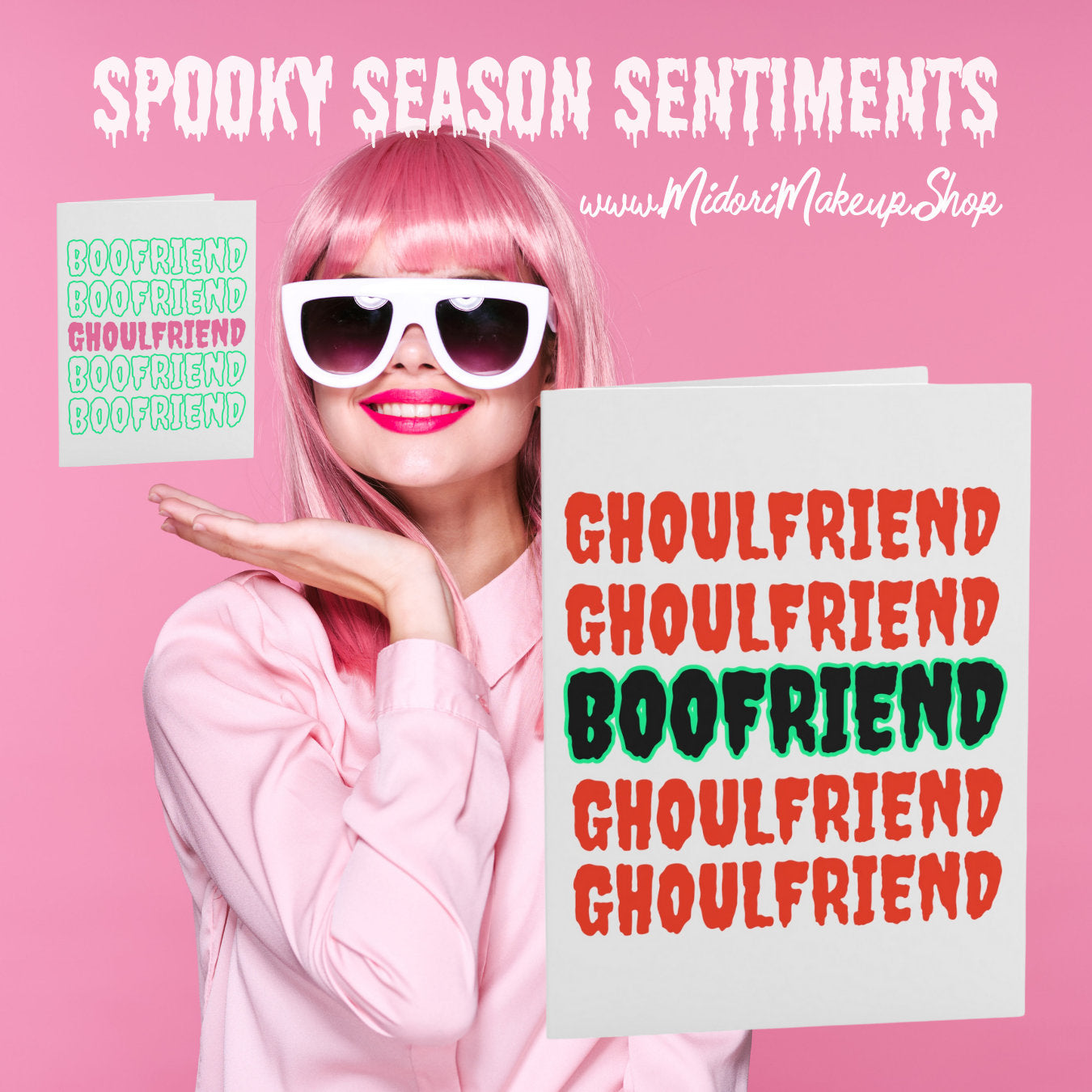 Spooky Cute Pink Ghost Funny Kawaii Halloween Vampire Fall Spooky Season Retro Cute Couple Goal Boo-Friend Ghoul-Friend Greeting Card Gift
