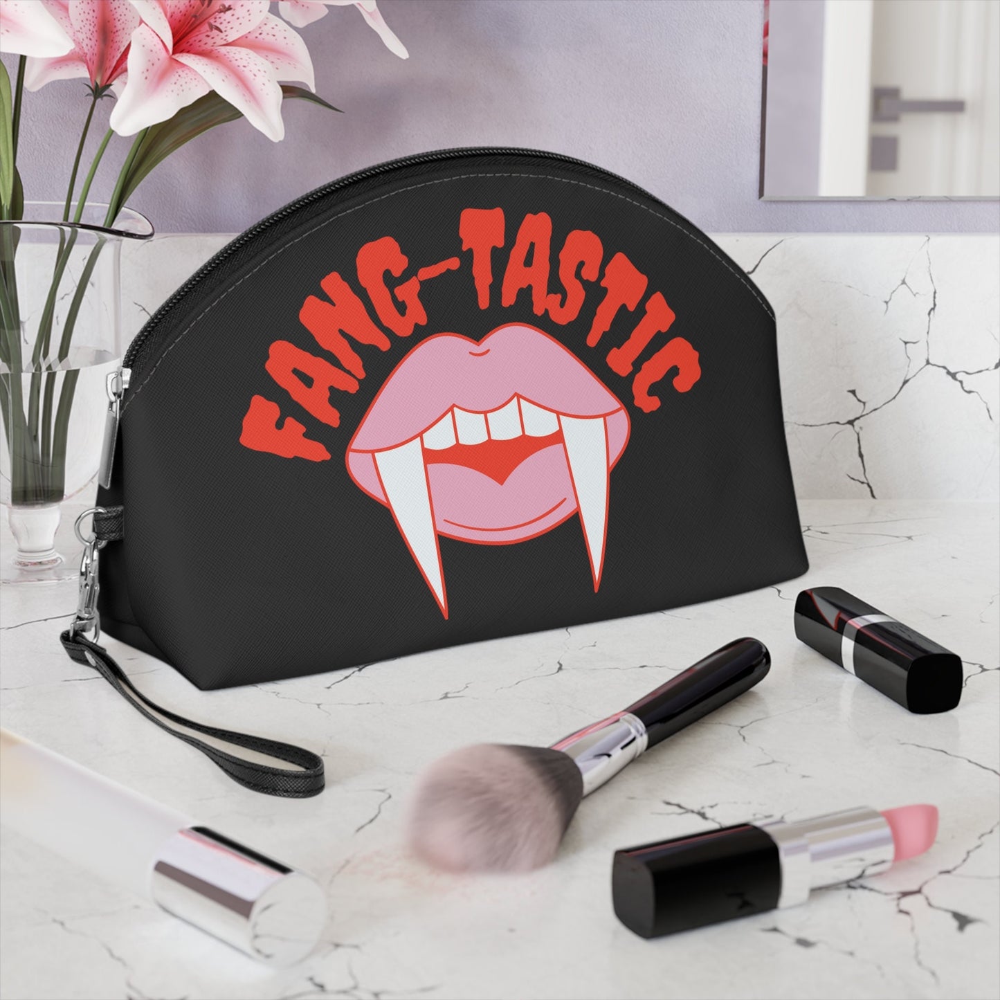 Spooky Cute Fang Bag Vampire Makeup Purse Cosmetics Pouch Toiletries Halloween Wristlet Fang-tastic Cosmetologist Esthetician Costume Clutch