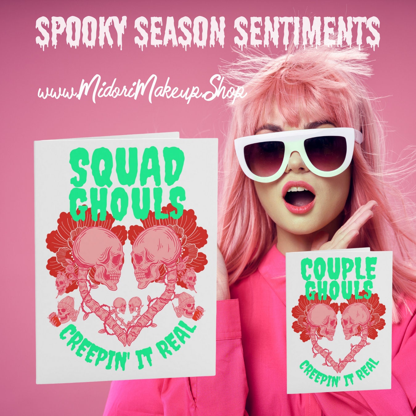 Pink Halloween Skull Squad Goals Ghouls BFF Gift Fall Season Spooky Skeleton Retro y2k 90s Trick or Treat Happy Halloween Funny Cards 1-10