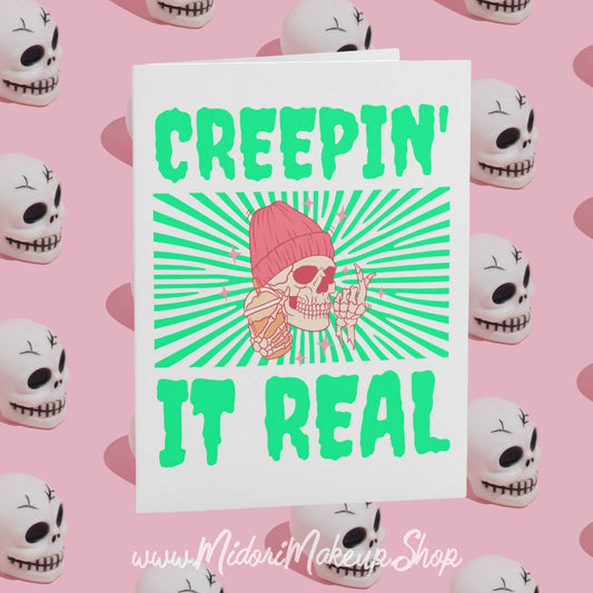 Pink Halloween Skull Creepin it Real Girlfriend Gift Fall Season Spooky Skeleton Retro y2k 90s Trick Treat Happy Halloween Funny Cards 1-10