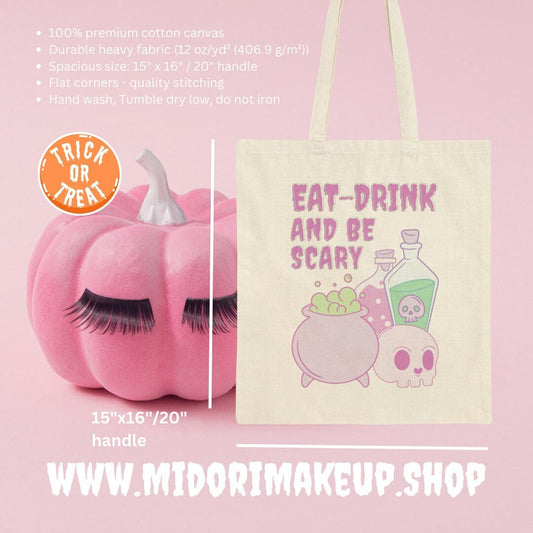 Spooky Cute Halloween Skull Trick or Treat Eat Drink and Be Scary Witchy Vibes Tote Bag BFF Gifts Witch Costume Candy Swag Party Favor Bag