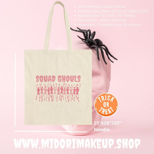 Squad Ghouls Spooky Cute Pink Halloween Skeletons Trick or Treat Pastel Goth Cotton Canvas Tote Bag Gifts Costume Candy Party Favor Swag Bag