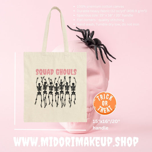 Spooky Cute Halloween Squad Ghouls Pink Skeleton Pink Pastel Goth Trick or Treat Cotton Canvas Tote Bag Gifts Costume Candy Favor Swag Bags