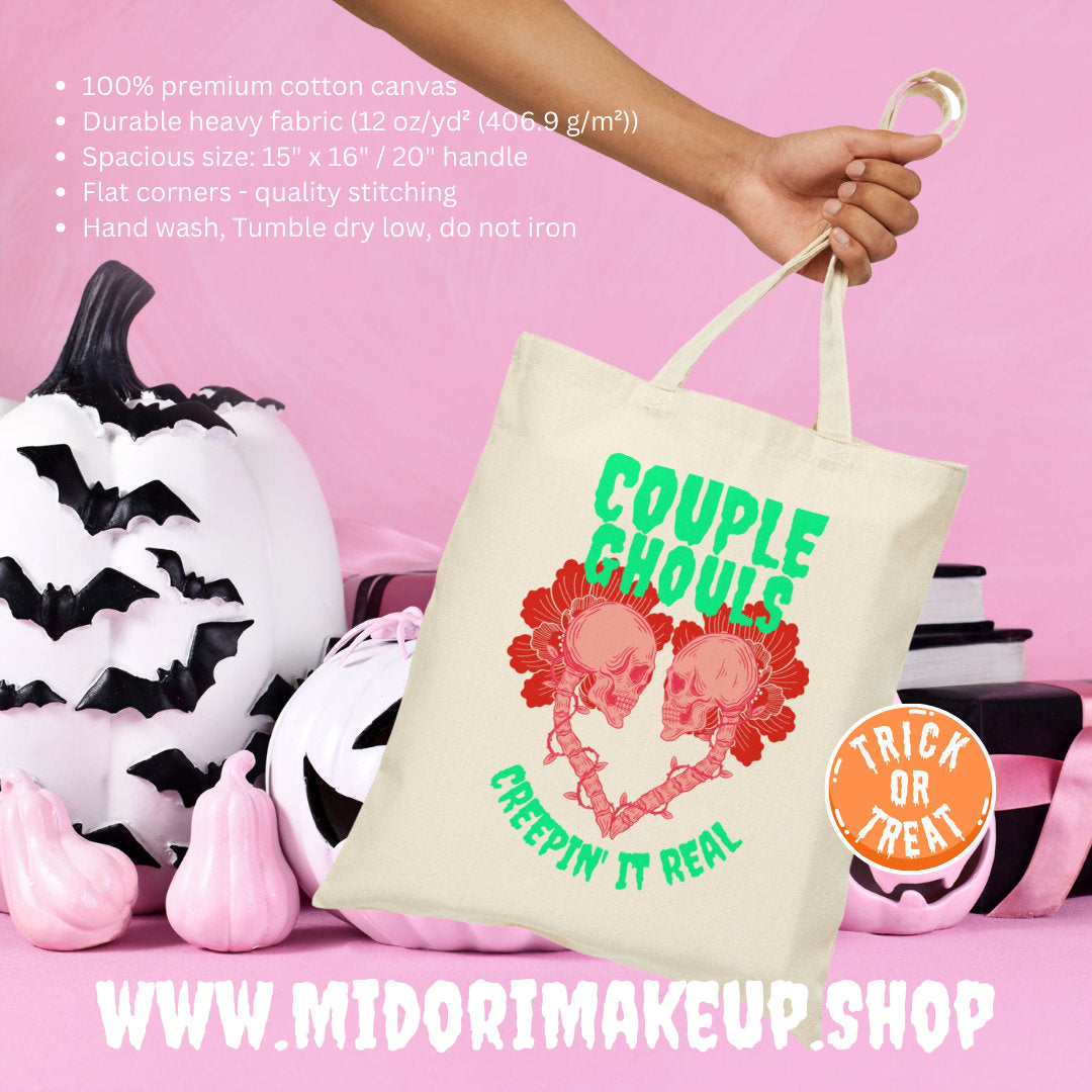 Spooky Cute Skull Halloween Trick or Treat Skeleton Pink Pastel Goth Heart Tote Bag Gifts Costume Couple Ghouls Candy Party Favor Swag Bags