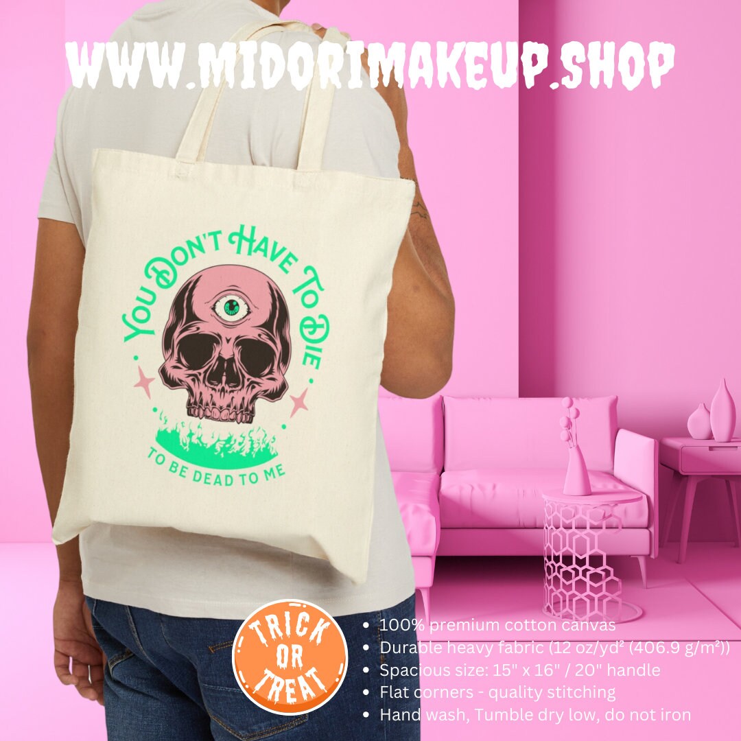 Spooky Cute Halloween Skull Pink Evil Eye Trick or Treat Pastel Goth Cotton Canvas Tote Gifts Dead to Me Costume Candy Party Favor Swag Bag