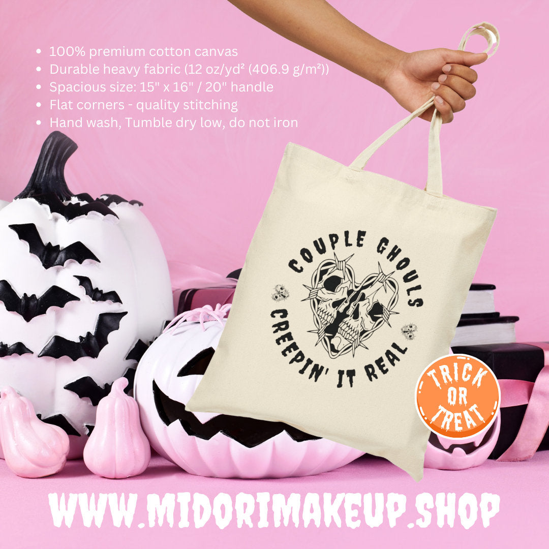 Spooky Cute Couple Skulls Halloween Heart Goth Valentine Trick or Treat Tote Gift Creepin it Real Costume Goals Couple Ghouls Candy Swag Bag