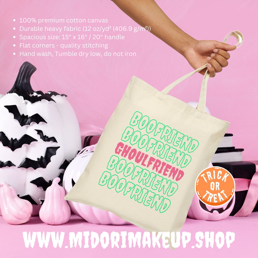 Spooky Cute Halloween Pink Trick or Treat Kawaii Canvas Tote Bag BFF Gifts Boofriend Ghoulfriend Boyfriend Girlfriend Costume Candy Swag Bag